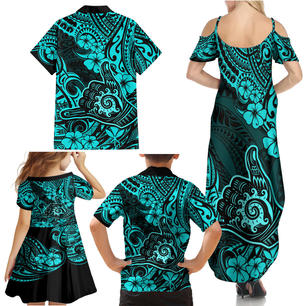 Hawaii Shaka Sign Family Matching Summer Maxi Dress and Hawaiian Shirt Polynesian Pattern Turquoise Version LT01 - Polynesian Pride