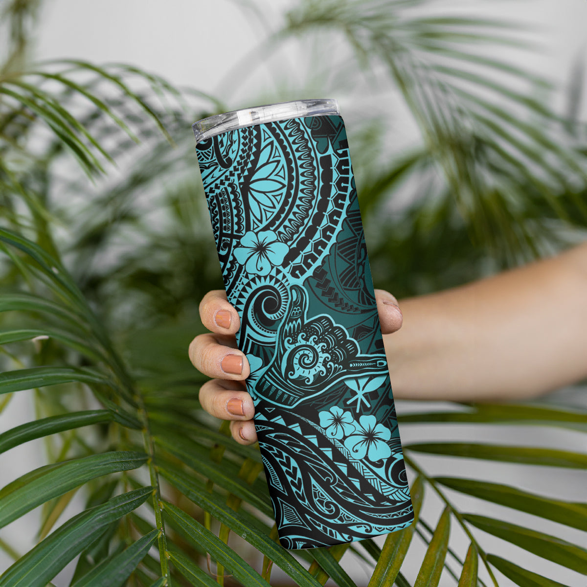 Hawaii Shaka Sign Skinny Tumbler Polynesian Pattern Turquoise Version