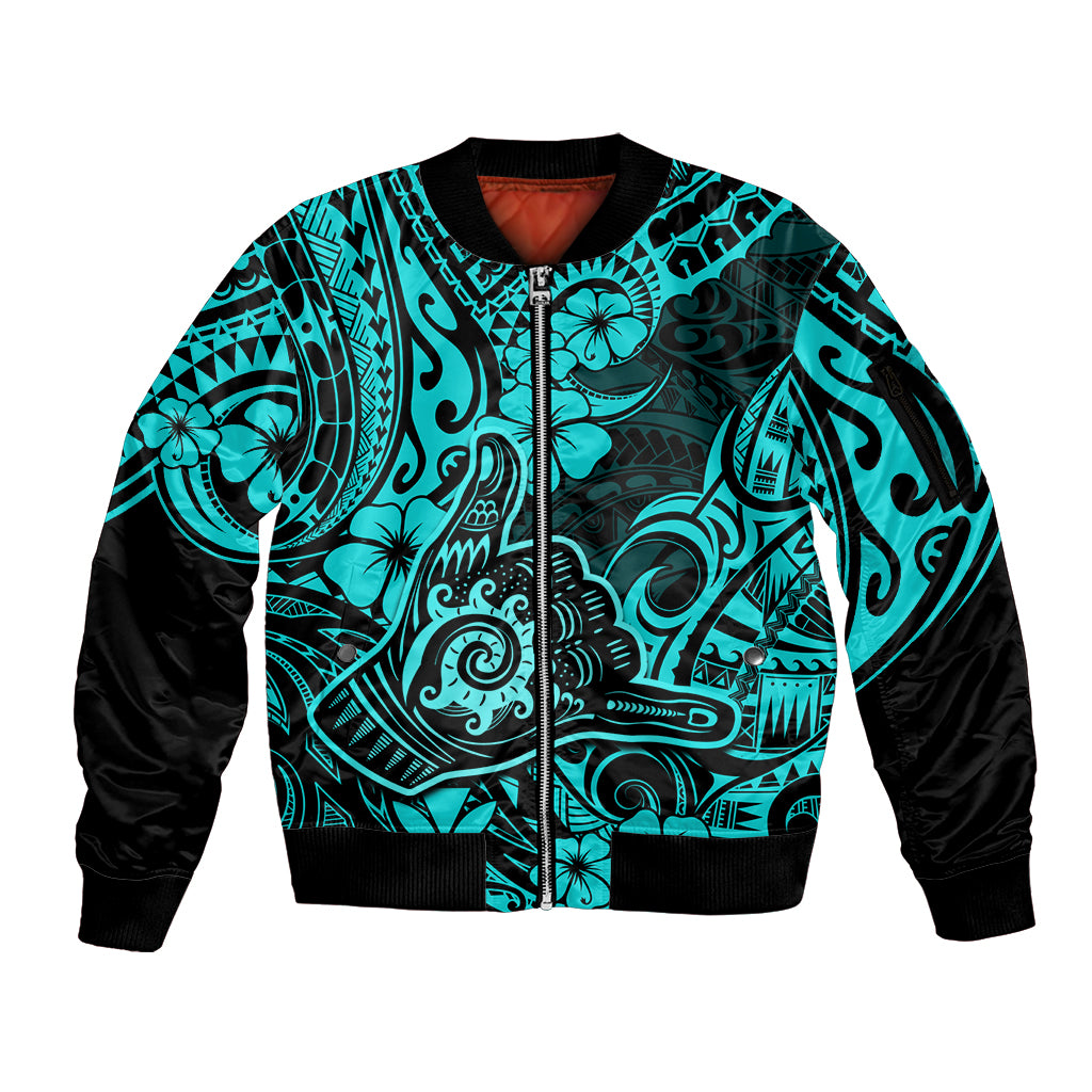 Hawaii Shaka Sign Sleeve Zip Bomber Jacket Polynesian Pattern Turquoise Version LT01 Unisex Turquoise - Polynesian Pride