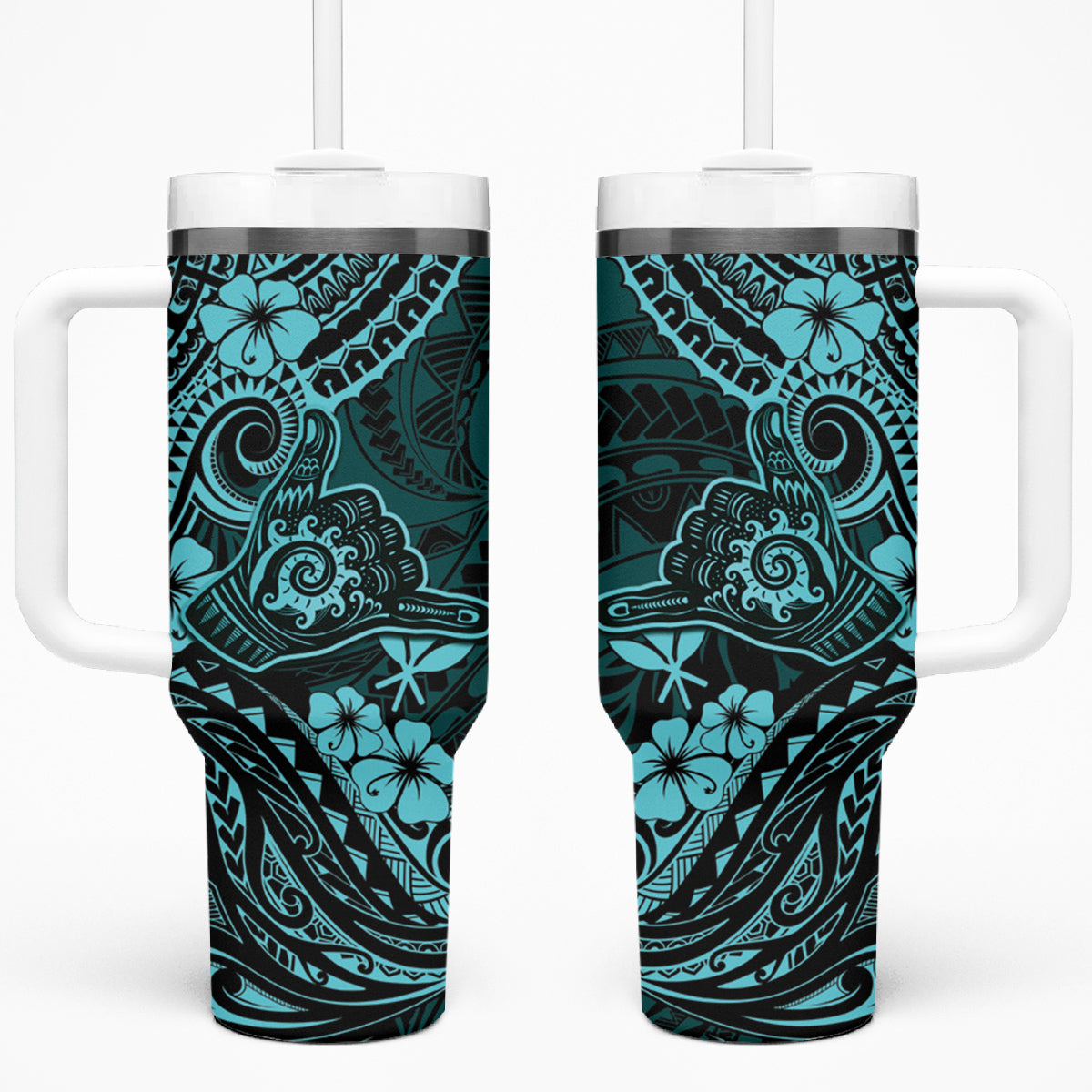 Hawaii Shaka Sign Tumbler With Handle Polynesian Pattern Turquoise Version