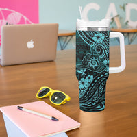 Hawaii Shaka Sign Tumbler With Handle Polynesian Pattern Turquoise Version