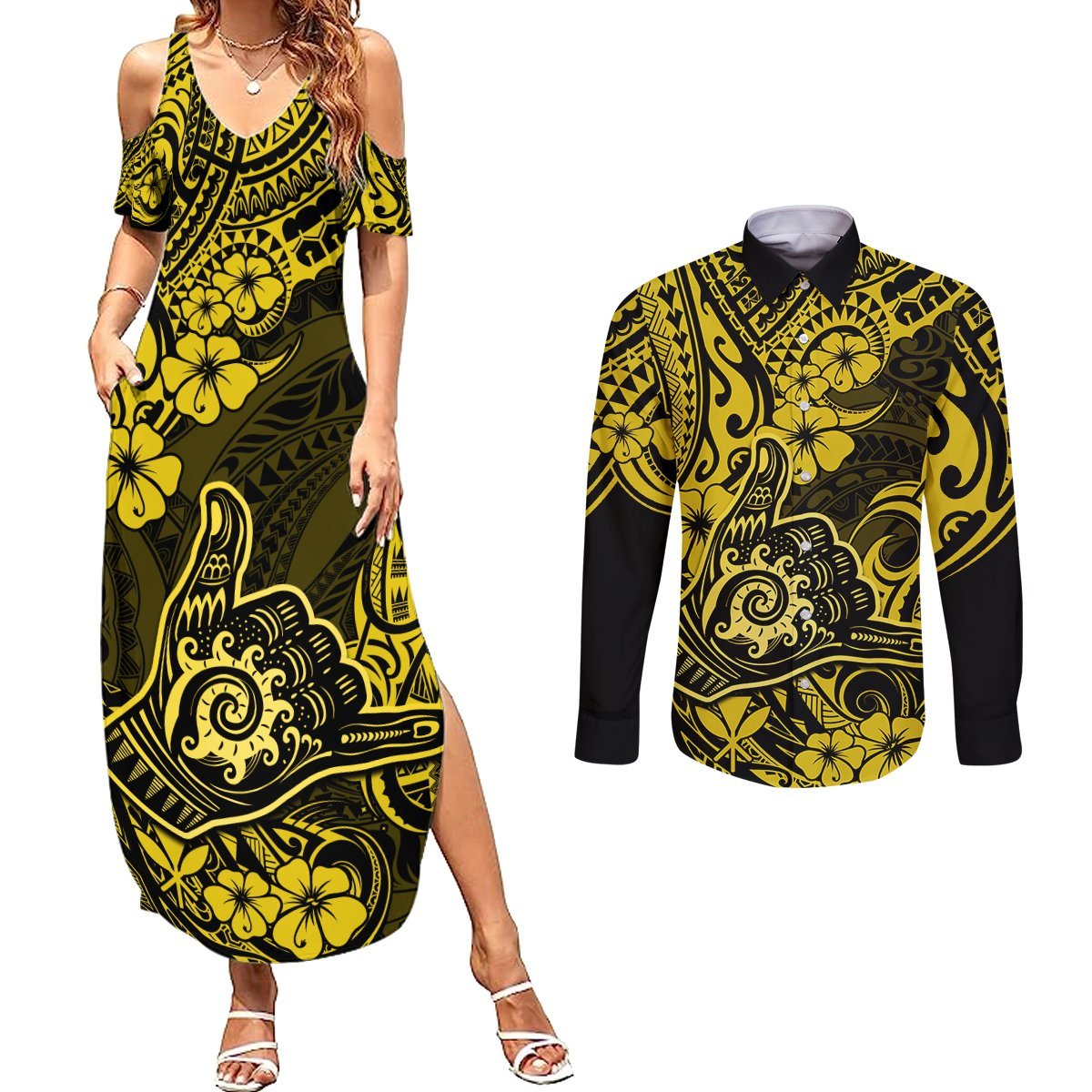 Hawaii Shaka Sign Couples Matching Summer Maxi Dress and Long Sleeve Button Shirts Polynesian Pattern Yellow Version LT01 Yellow - Polynesian Pride