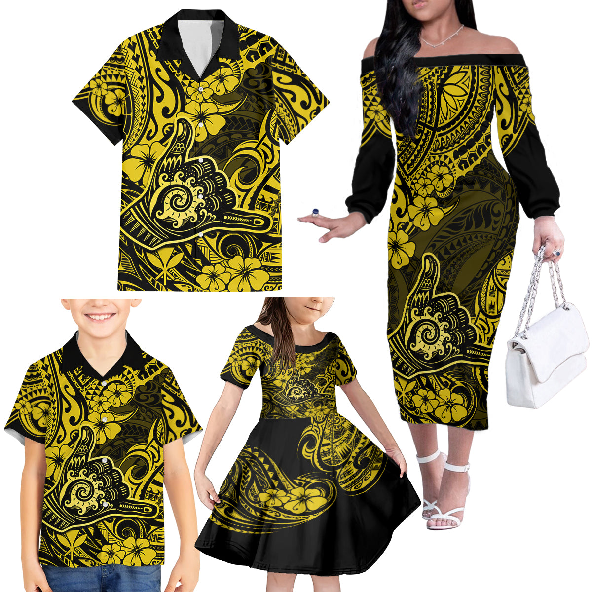 Hawaii Shaka Sign Family Matching Off Shoulder Long Sleeve Dress and Hawaiian Shirt Polynesian Pattern Yellow Version LT01 - Polynesian Pride