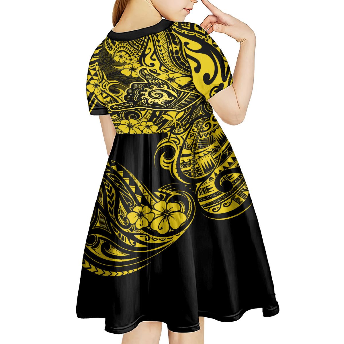 Hawaii Shaka Sign Kid Short Sleeve Dress Polynesian Pattern Yellow Version LT01 - Polynesian Pride