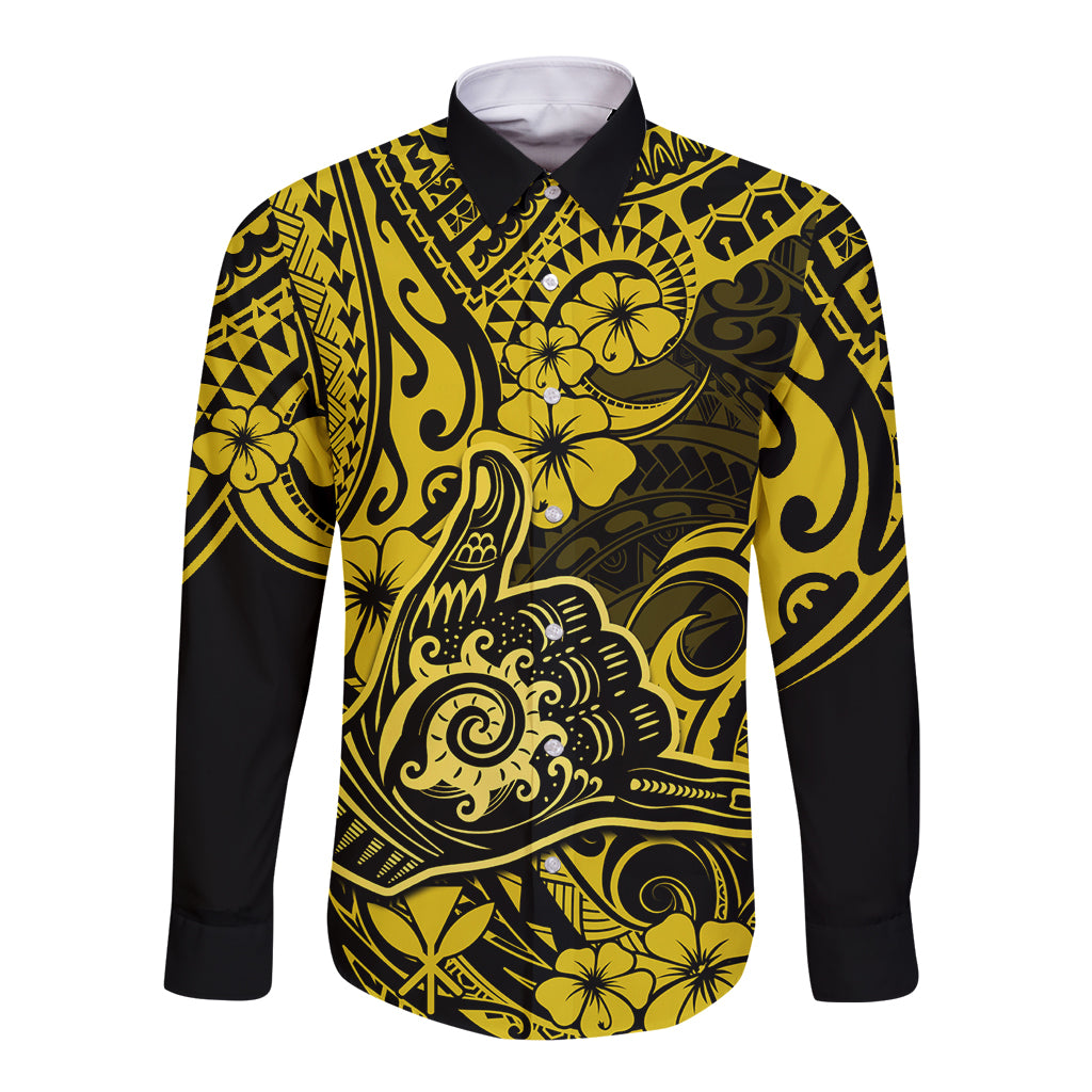 Hawaii Shaka Sign Long Sleeve Button Shirt Polynesian Pattern Yellow Version LT01 Unisex Yellow - Polynesian Pride
