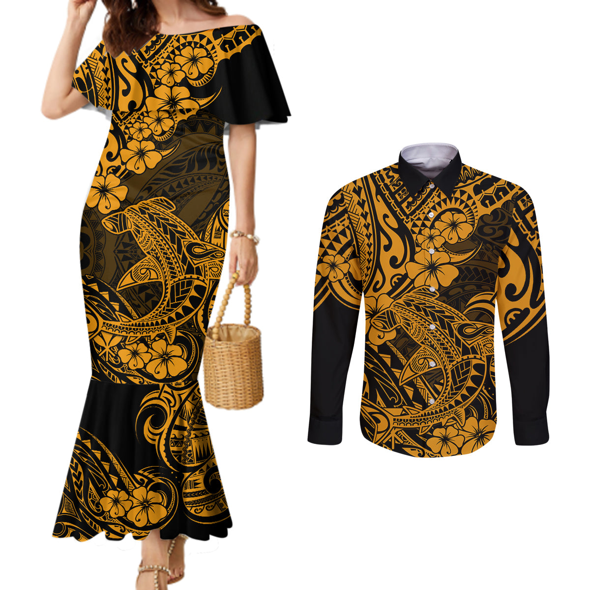 Hawaii Shark Couples Matching Mermaid Dress and Long Sleeve Button Shirts Polynesian Pattern Gold Version LT01 Gold - Polynesian Pride