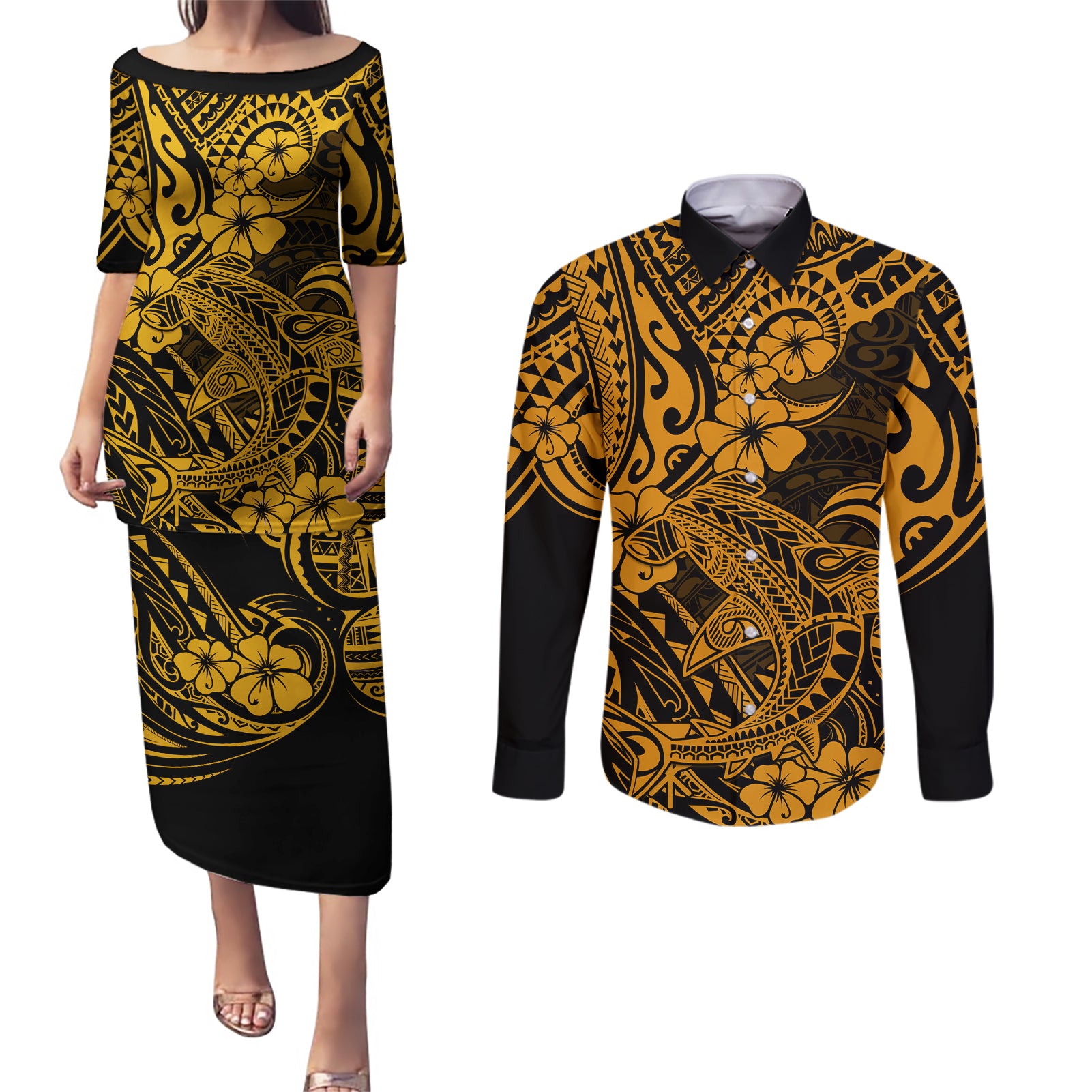 Hawaii Shark Couples Matching Puletasi Dress and Long Sleeve Button Shirts Polynesian Pattern Gold Version LT01 Gold - Polynesian Pride