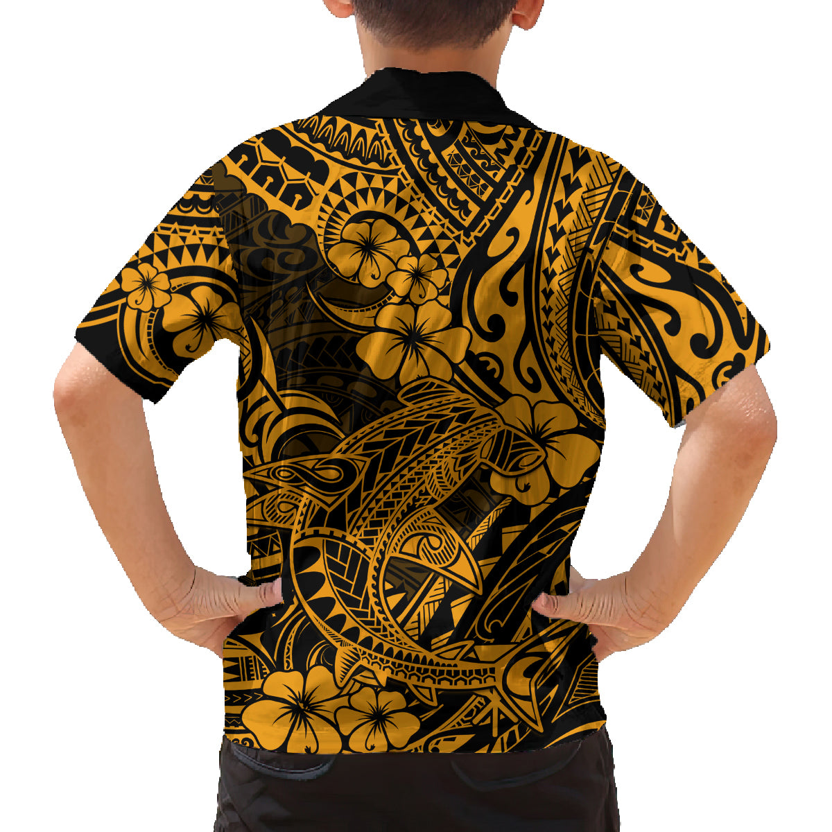 Hawaii Shark Family Matching Long Sleeve Bodycon Dress and Hawaiian Shirt Polynesian Pattern Gold Version LT01 - Polynesian Pride