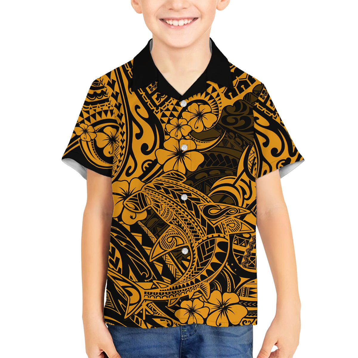Hawaii Shark Family Matching Long Sleeve Bodycon Dress and Hawaiian Shirt Polynesian Pattern Gold Version LT01 Son's Shirt Gold - Polynesian Pride