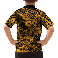 Hawaii Shark Family Matching Off Shoulder Short Dress and Hawaiian Shirt Polynesian Pattern Gold Version LT01 - Polynesian Pride