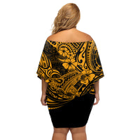 Hawaii Shark Family Matching Off Shoulder Short Dress and Hawaiian Shirt Polynesian Pattern Gold Version LT01 - Polynesian Pride