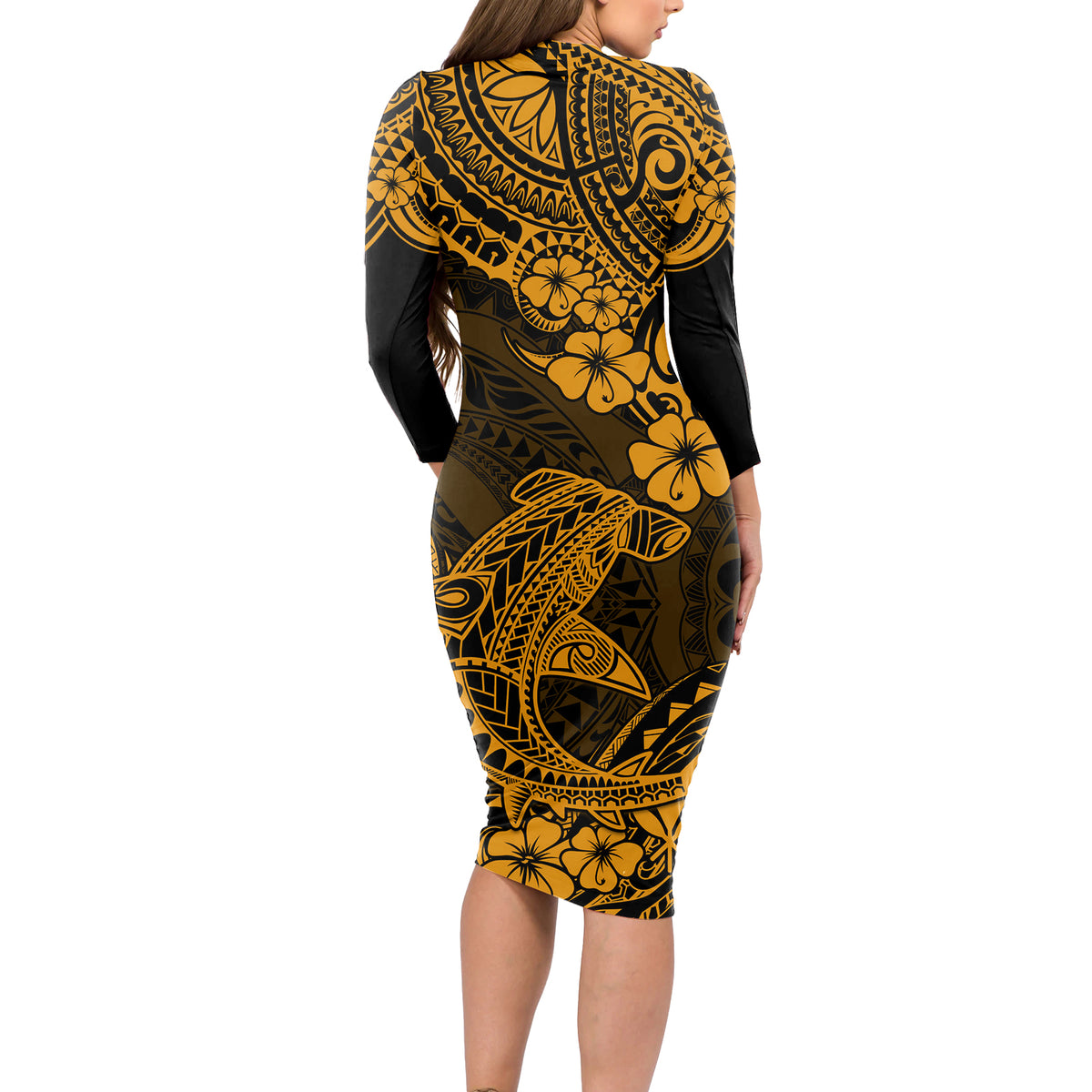 Hawaii Shark Long Sleeve Bodycon Dress Polynesian Pattern Gold Version LT01 - Polynesian Pride