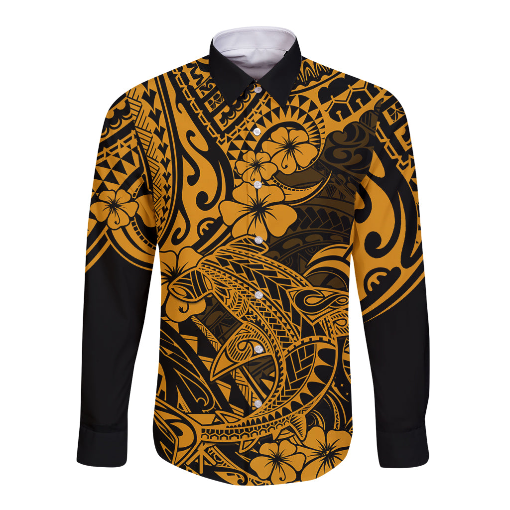 Hawaii Shark Long Sleeve Button Shirt Polynesian Pattern Gold Version LT01 Unisex Gold - Polynesian Pride
