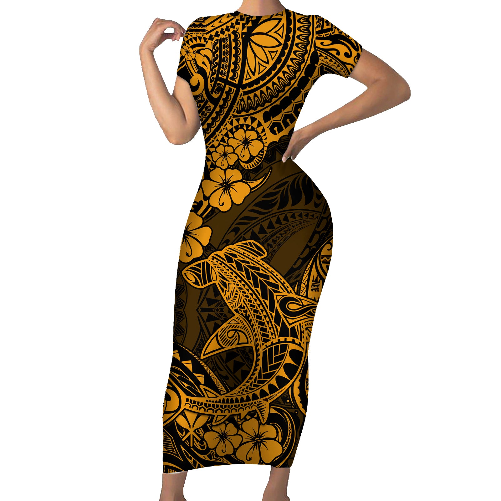 Hawaii Shark Short Sleeve Bodycon Dress Polynesian Pattern Gold Version LT01 Long Dress Gold - Polynesian Pride