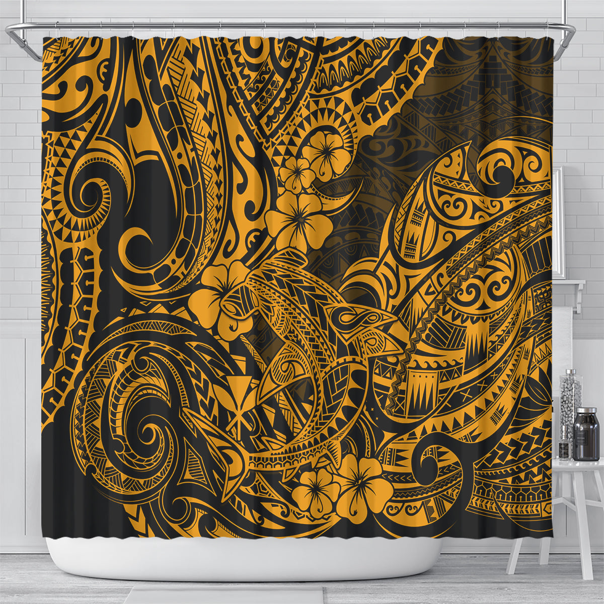 Hawaii Shark Shower Curtain Polynesian Pattern Gold Version LT01 - Polynesian Pride