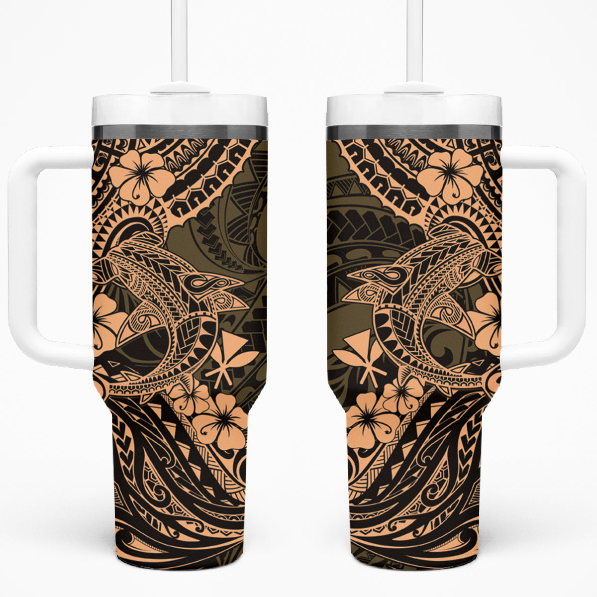 Hawaii Shark Tumbler With Handle Polynesian Pattern Gold Version