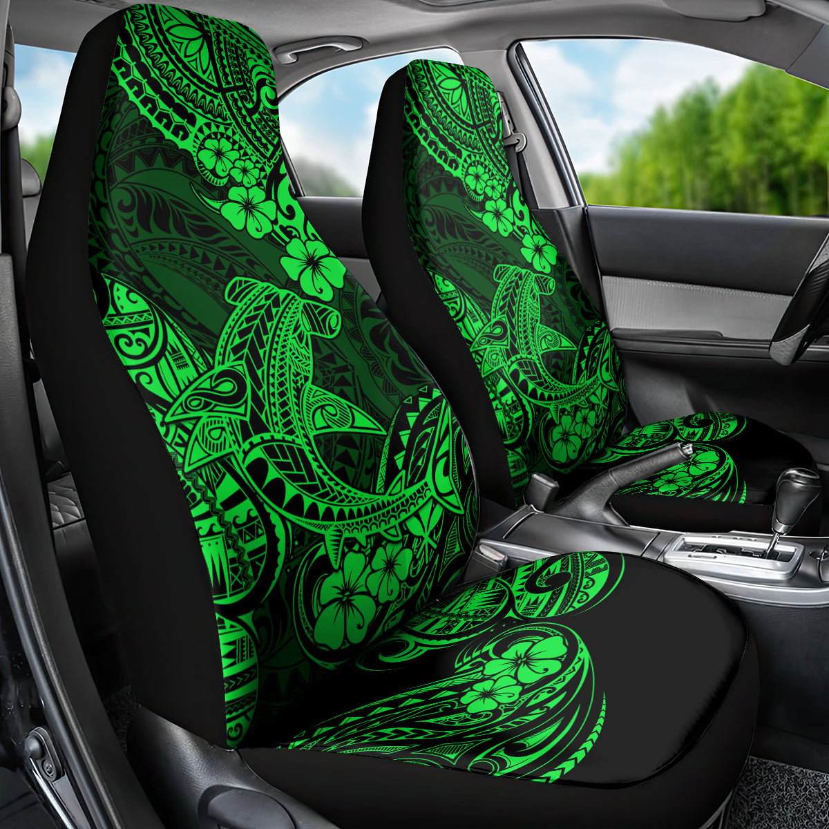 Hawaii Shark Car Seat Cover Polynesian Pattern Green Version LT01 - Polynesian Pride