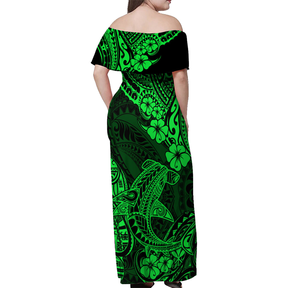 Hawaii Shark Family Matching Off Shoulder Maxi Dress and Hawaiian Shirt Polynesian Pattern Green Version LT01 - Polynesian Pride