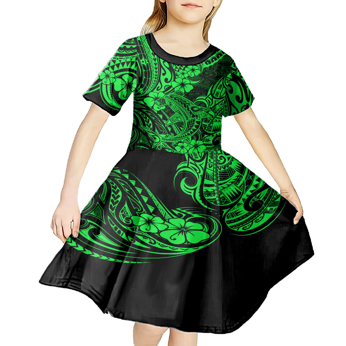 Hawaii Shark Kid Short Sleeve Dress Polynesian Pattern Green Version LT01 - Polynesian Pride