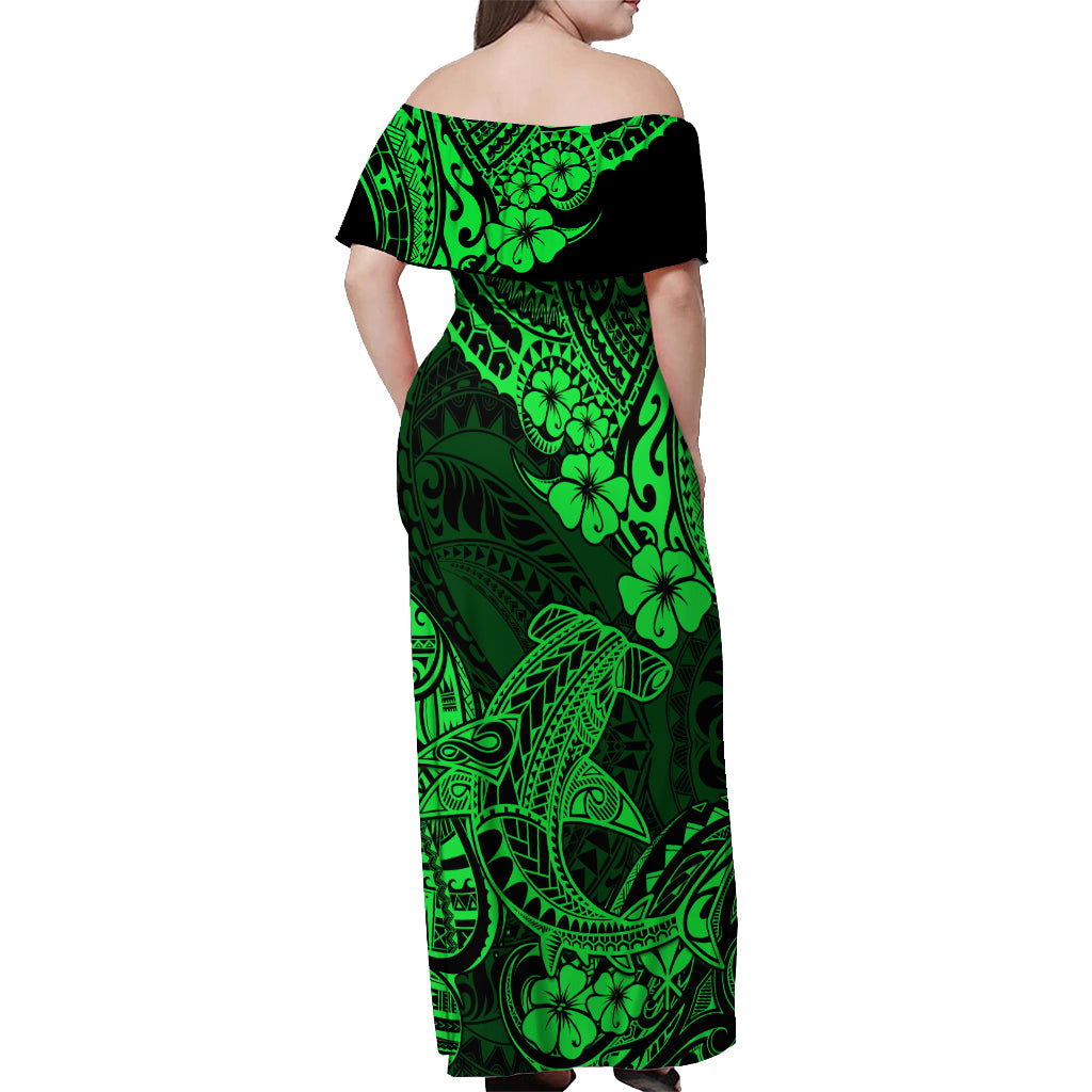Hawaii Shark Off Shoulder Maxi Dress Polynesian Pattern Green Version LT01 - Polynesian Pride
