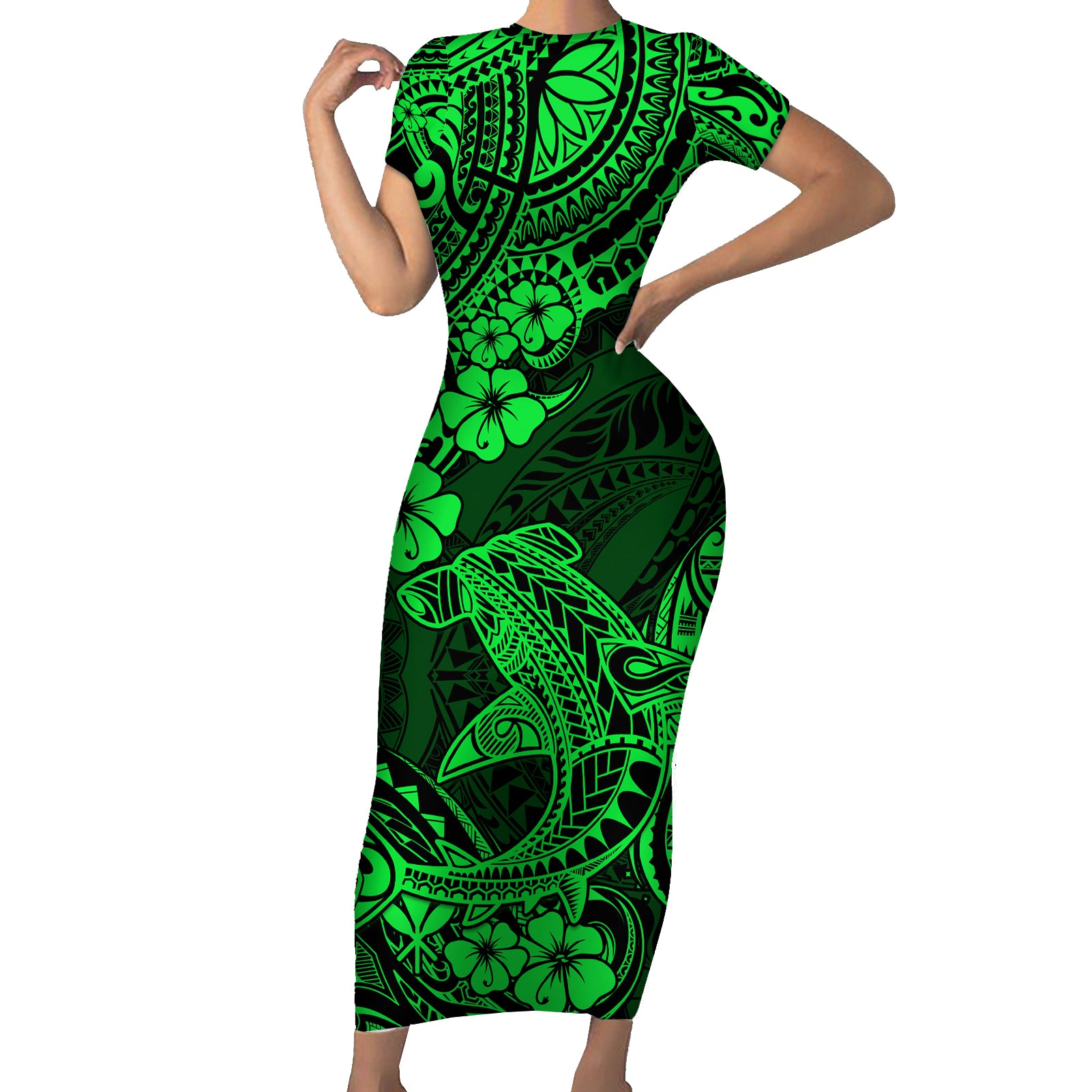 Hawaii Shark Short Sleeve Bodycon Dress Polynesian Pattern Green Version LT01 Long Dress Green - Polynesian Pride