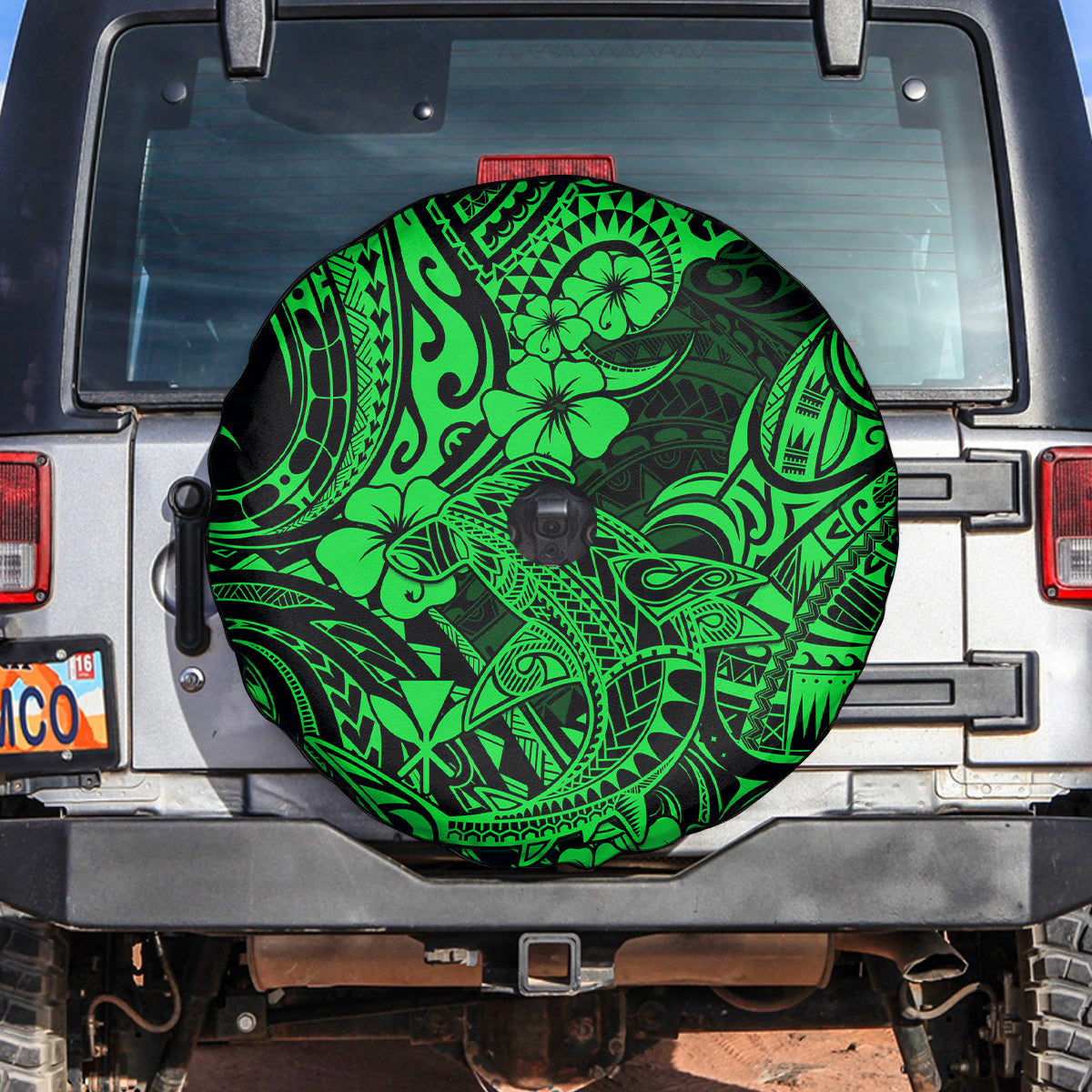 Hawaii Shark Spare Tire Cover Polynesian Pattern Green Version LT01 - Polynesian Pride