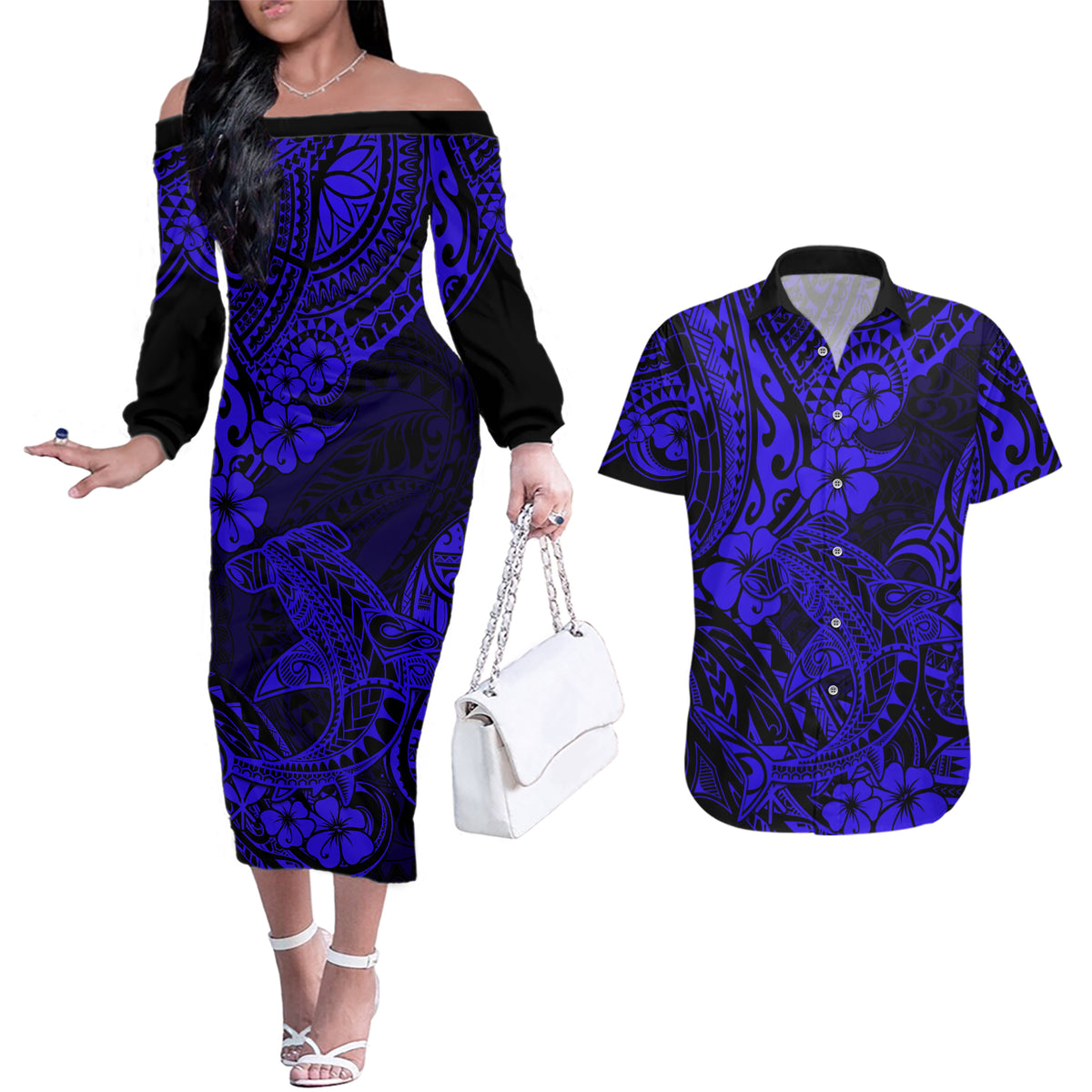 Hawaii Shark Couples Matching Off The Shoulder Long Sleeve Dress and Hawaiian Shirt Polynesian Pattern Navy Blue Version LT01 Blue - Polynesian Pride