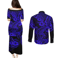 Hawaii Shark Couples Matching Puletasi Dress and Long Sleeve Button Shirts Polynesian Pattern Navy Blue Version LT01 - Polynesian Pride