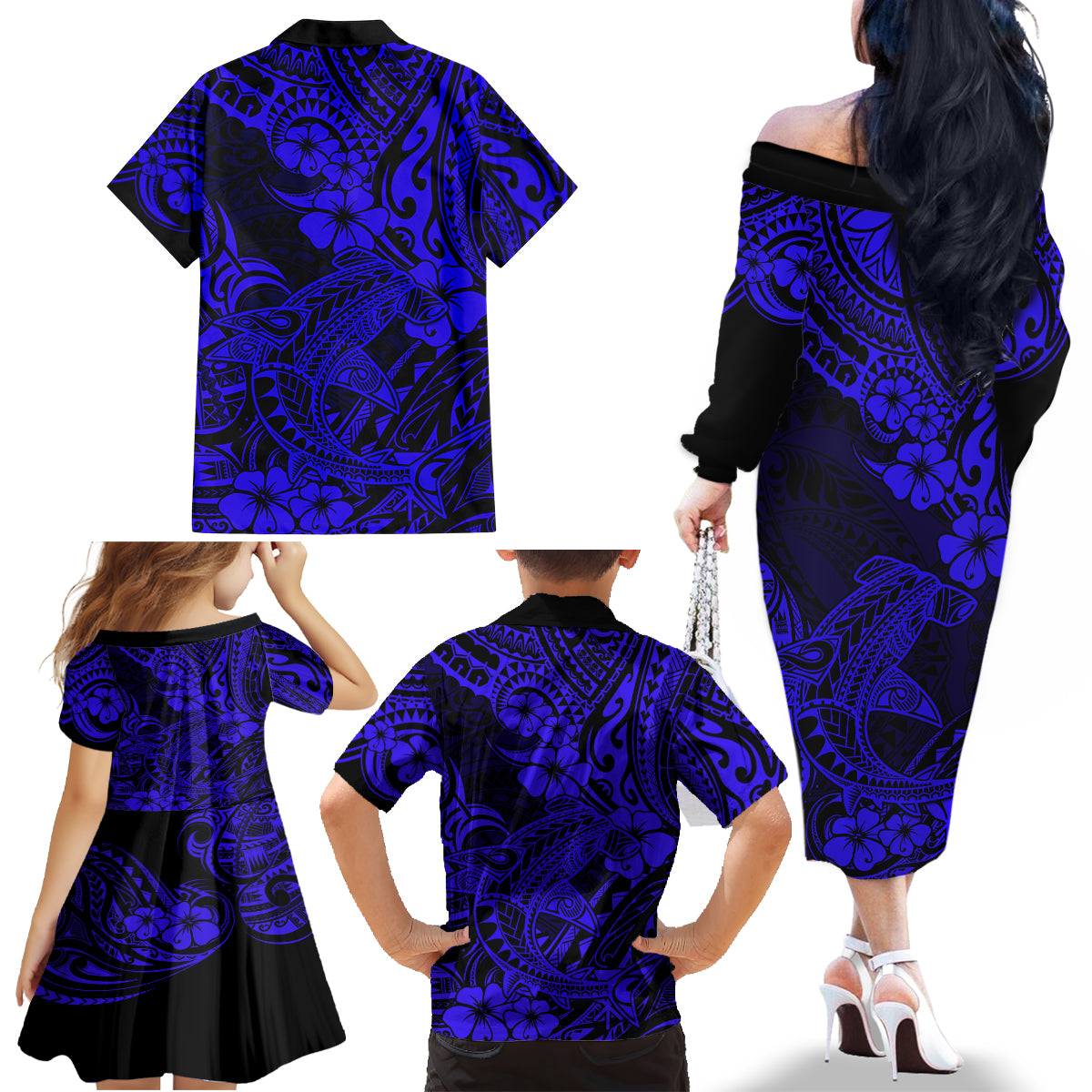 Hawaii Shark Family Matching Off Shoulder Long Sleeve Dress and Hawaiian Shirt Polynesian Pattern Navy Blue Version LT01 - Polynesian Pride