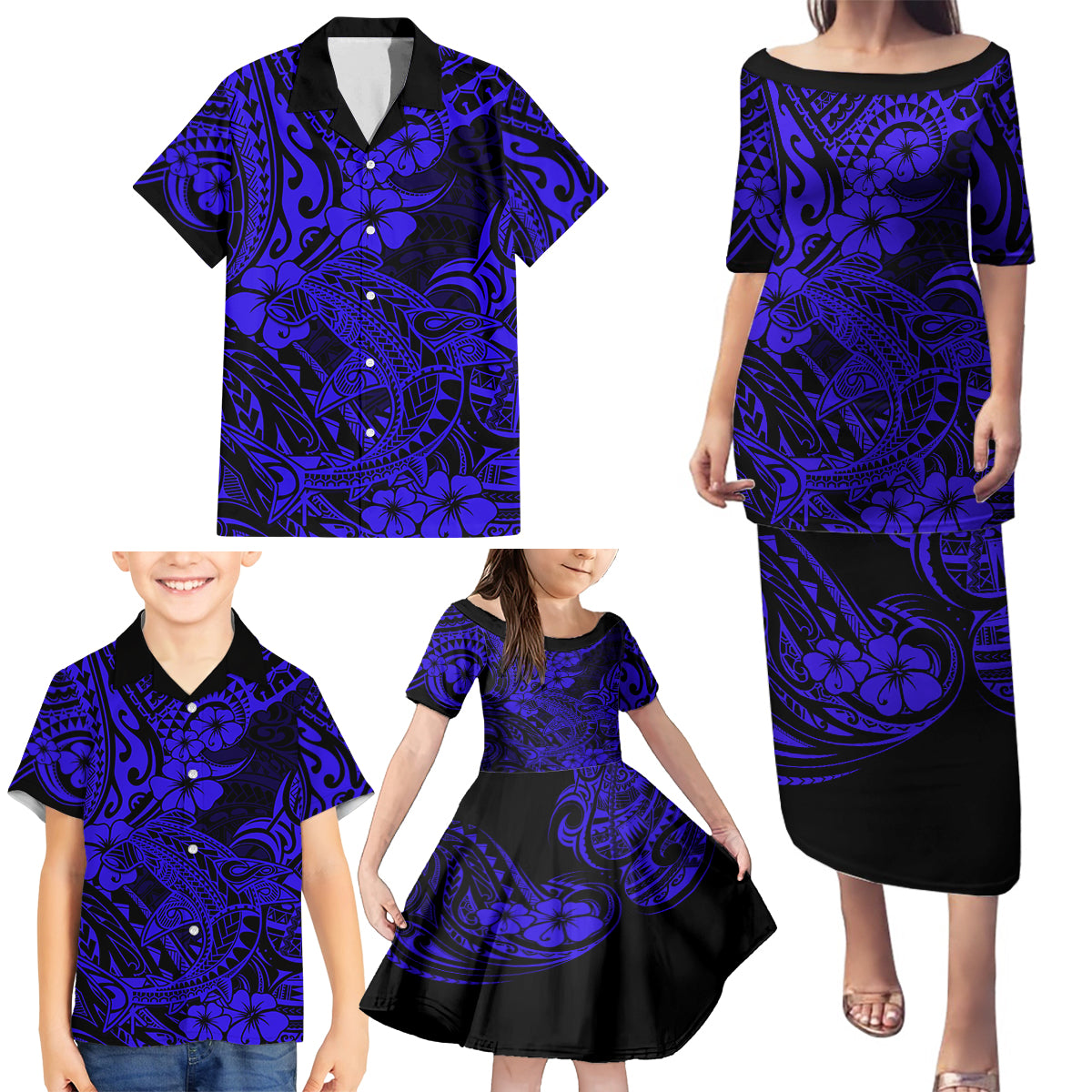 Hawaii Shark Family Matching Puletasi Dress and Hawaiian Shirt Polynesian Pattern Navy Blue Version LT01 - Polynesian Pride