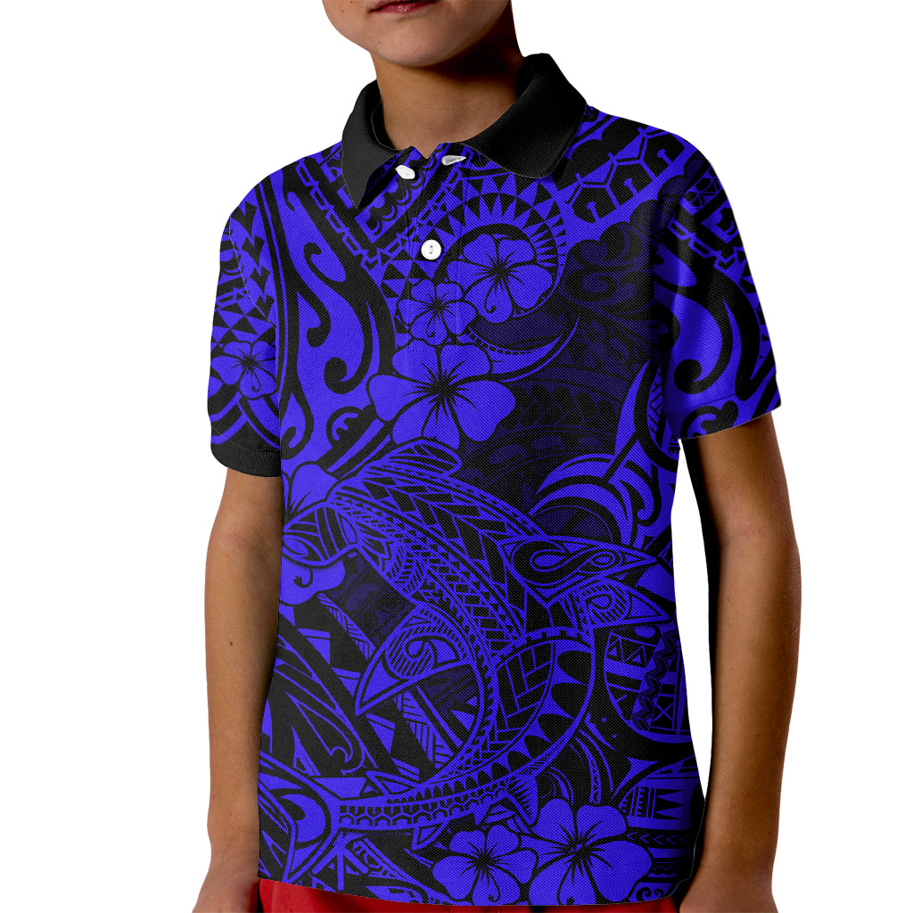 Hawaii Shark Kid Polo Shirt Polynesian Pattern Navy Blue Version LT01 Kid Blue - Polynesian Pride