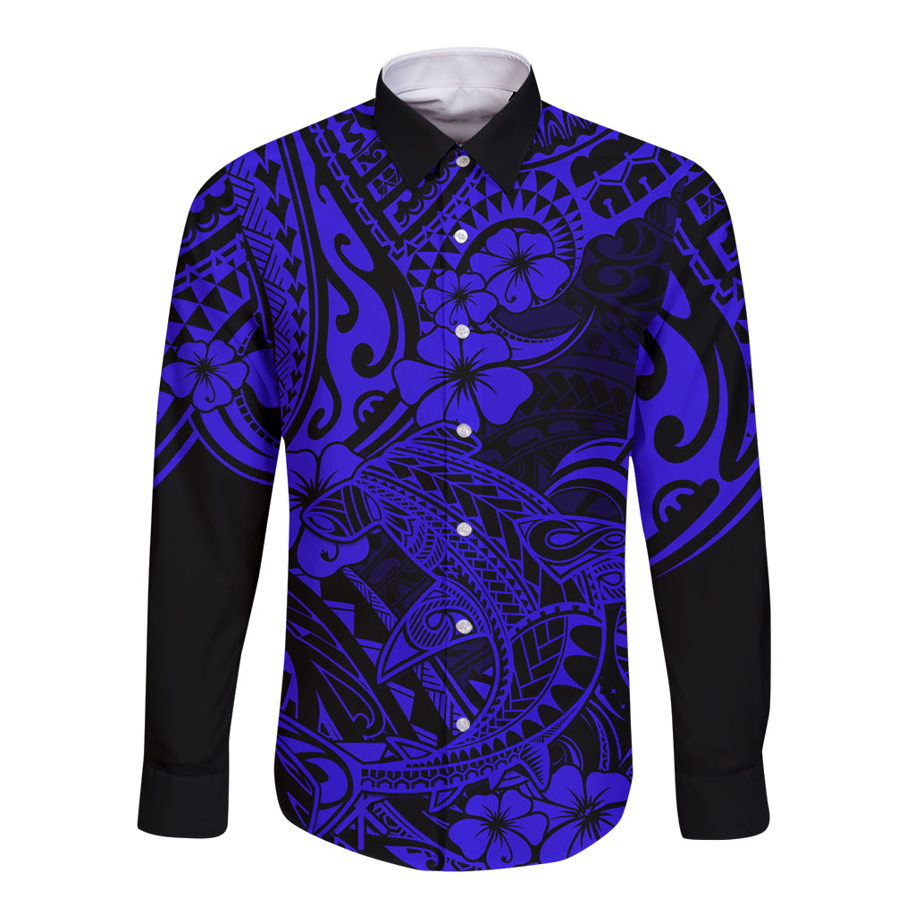 Hawaii Shark Long Sleeve Button Shirt Polynesian Pattern Navy Blue Version LT01 Unisex Blue - Polynesian Pride