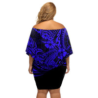 Hawaii Shark Off Shoulder Short Dress Polynesian Pattern Navy Blue Version LT01 - Polynesian Pride