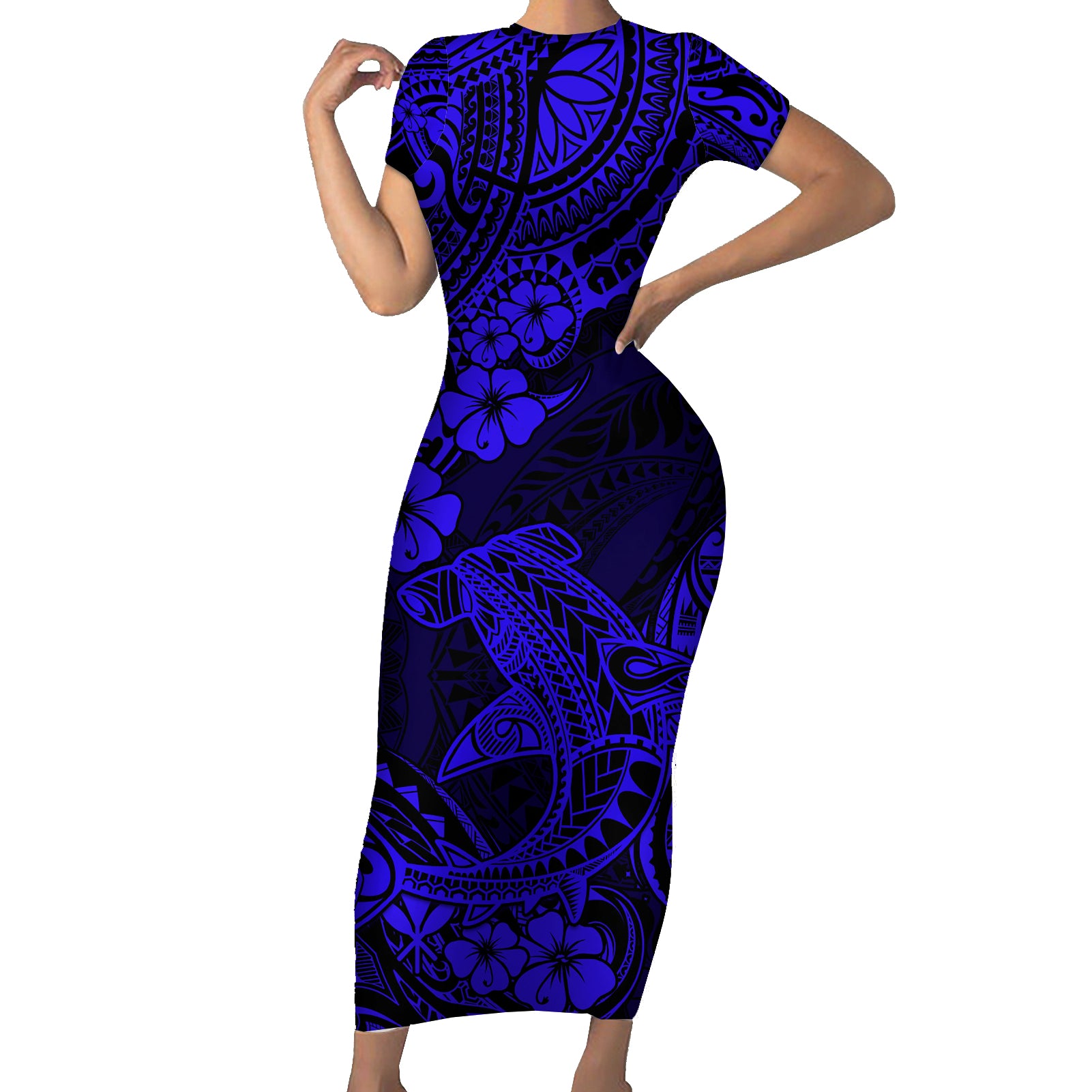 Hawaii Shark Short Sleeve Bodycon Dress Polynesian Pattern Navy Blue Version LT01 Long Dress Blue - Polynesian Pride