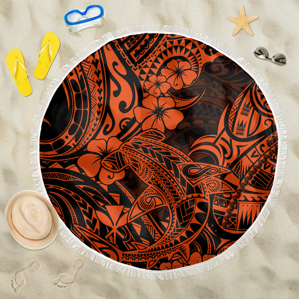 Hawaii Shark Beach Blanket Polynesian Pattern Orange Version LT01 One Size 150cm Orange - Wonder Print Shop