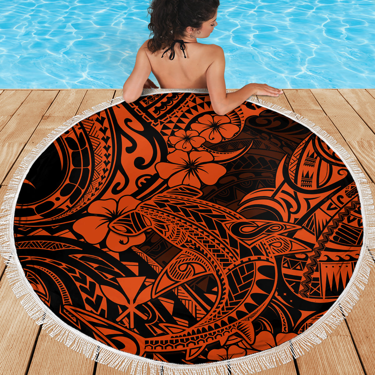 Hawaii Shark Beach Blanket Polynesian Pattern Orange Version LT01 - Wonder Print Shop