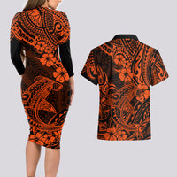 Hawaii Shark Couples Matching Long Sleeve Bodycon Dress and Hawaiian Shirt Polynesian Pattern Orange Version LT01 - Polynesian Pride