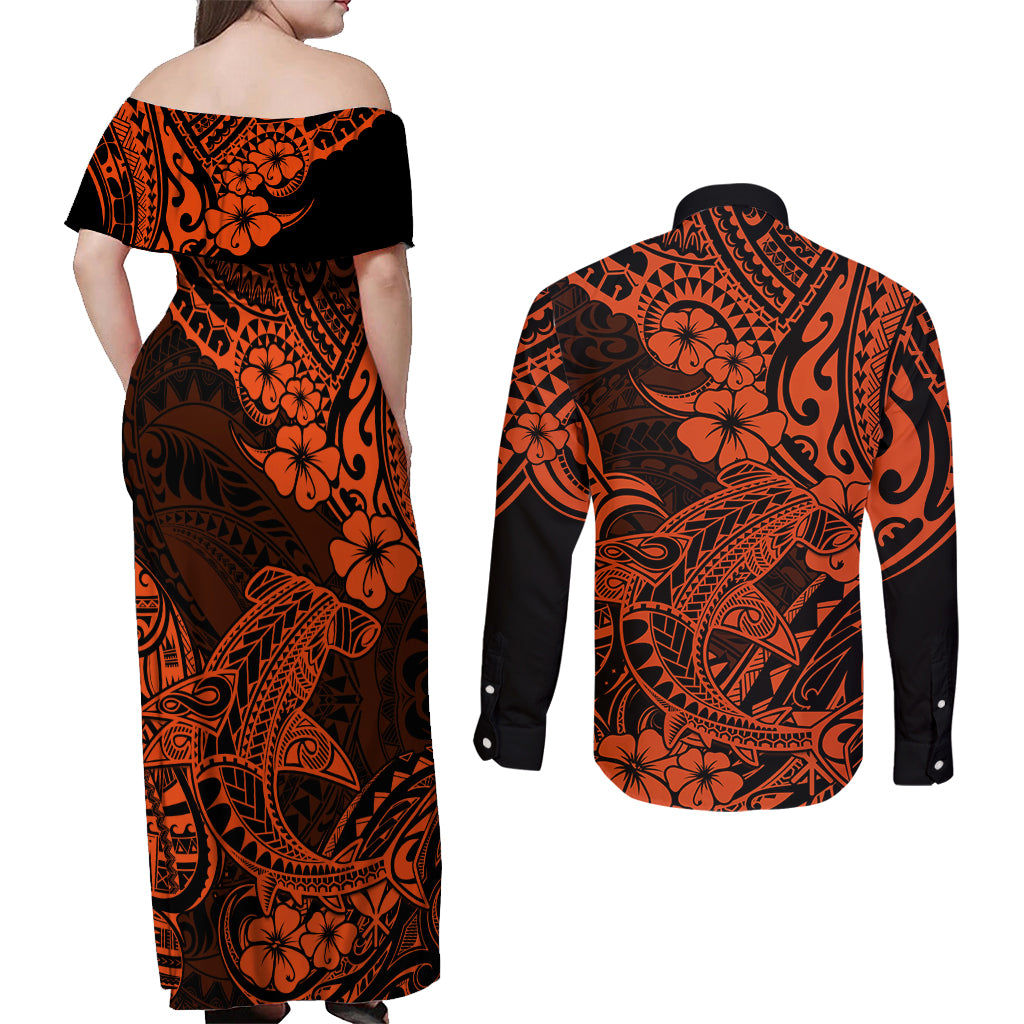 Hawaii Shark Couples Matching Off Shoulder Maxi Dress and Long Sleeve Button Shirts Polynesian Pattern Orange Version LT01 - Polynesian Pride