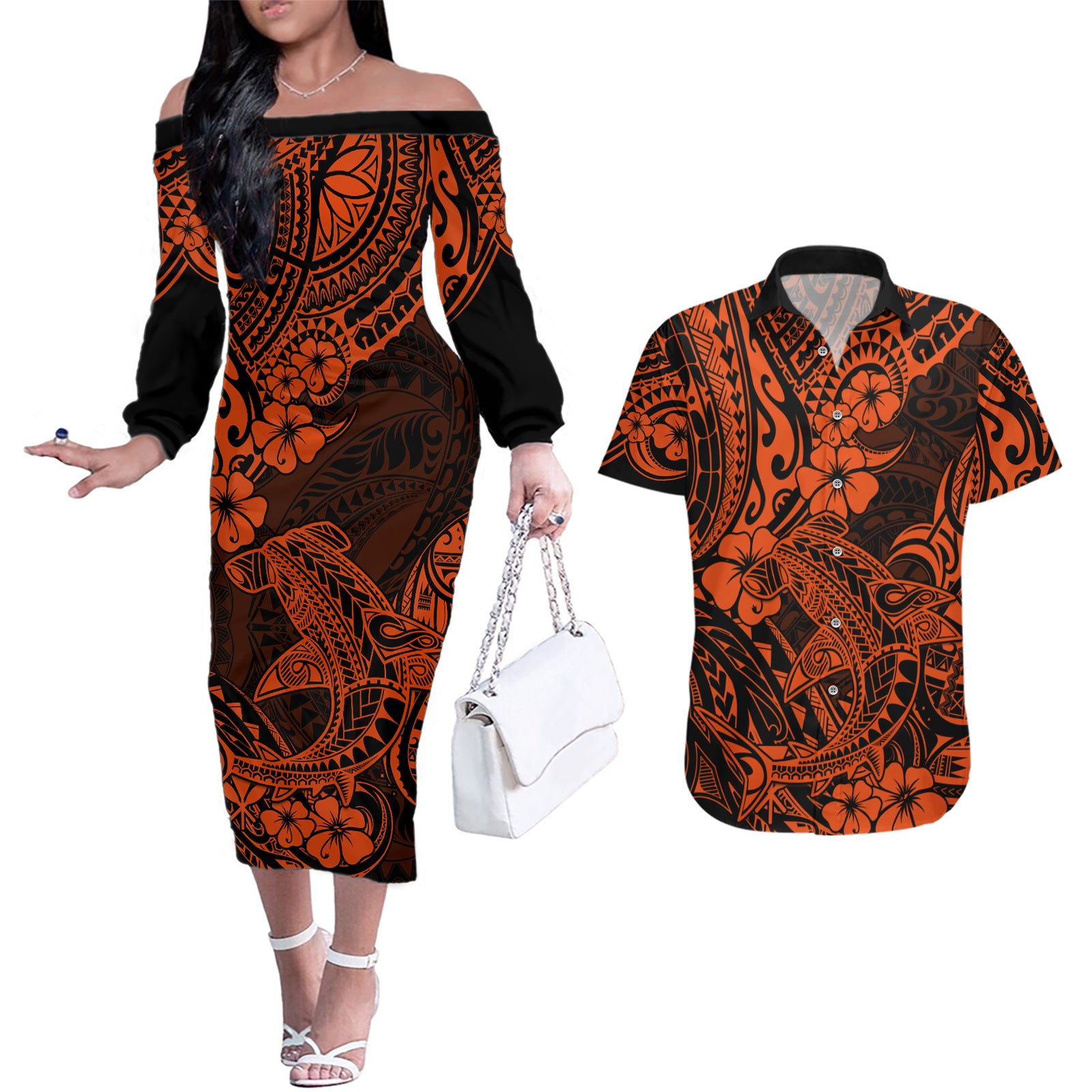 Hawaii Shark Couples Matching Off The Shoulder Long Sleeve Dress and Hawaiian Shirt Polynesian Pattern Orange Version LT01 Orange - Polynesian Pride