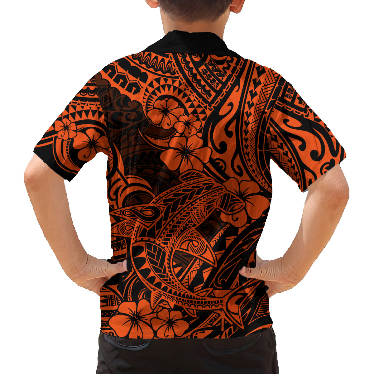 Hawaii Shark Family Matching Off Shoulder Long Sleeve Dress and Hawaiian Shirt Polynesian Pattern Orange Version LT01 - Polynesian Pride