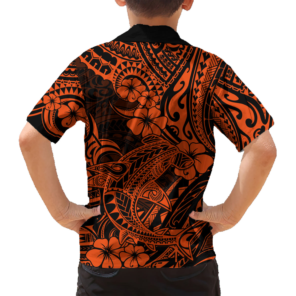Hawaii Shark Family Matching Short Sleeve Bodycon Dress and Hawaiian Shirt Polynesian Pattern Orange Version LT01 - Polynesian Pride