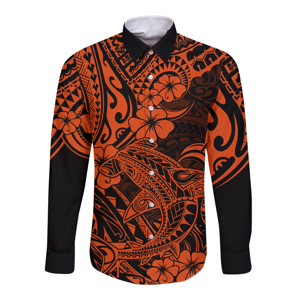 Hawaii Shark Long Sleeve Button Shirt Polynesian Pattern Orange Version LT01 Unisex Orange - Polynesian Pride