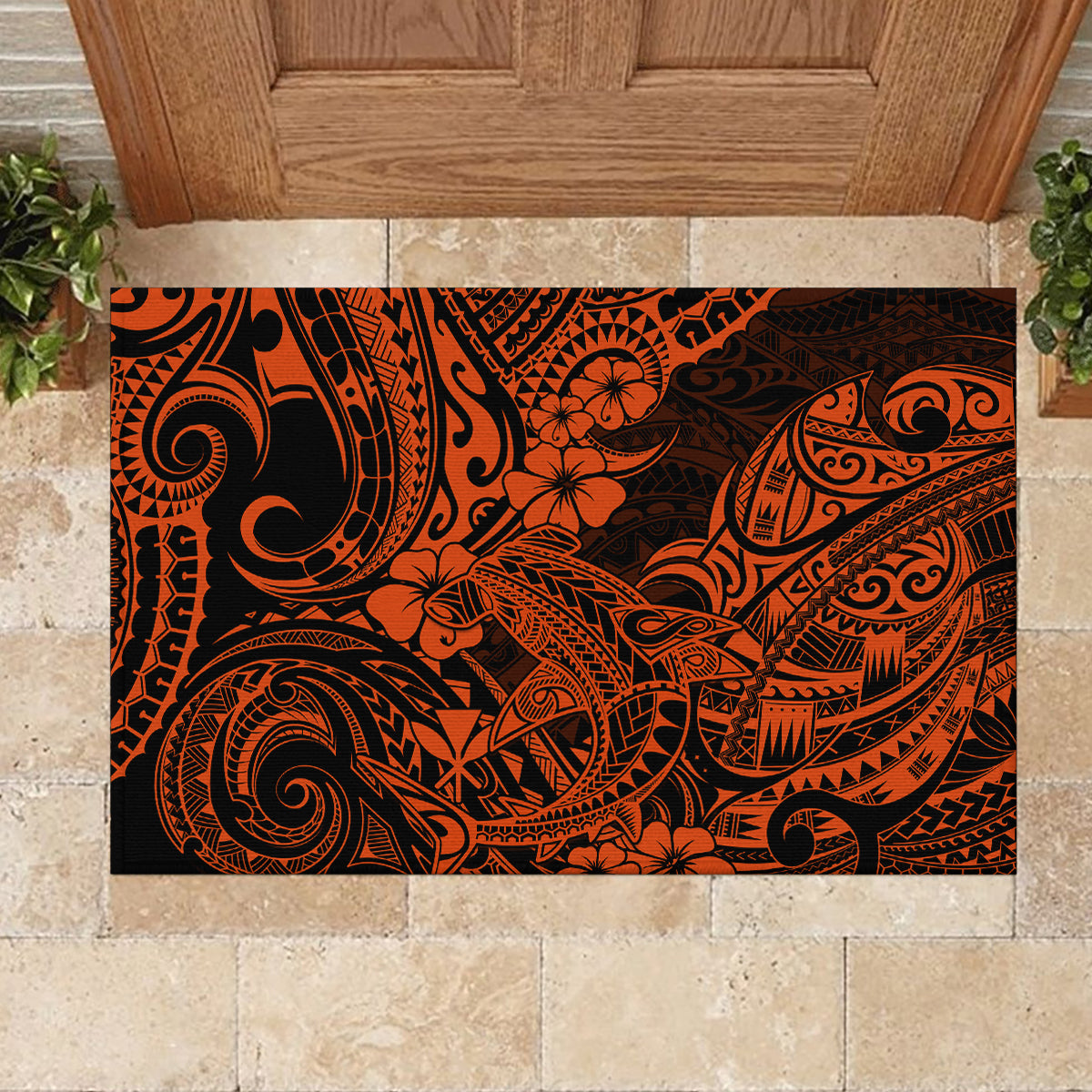 Hawaii Shark Rubber Doormat Polynesian Pattern Orange Version LT01 - Polynesian Pride