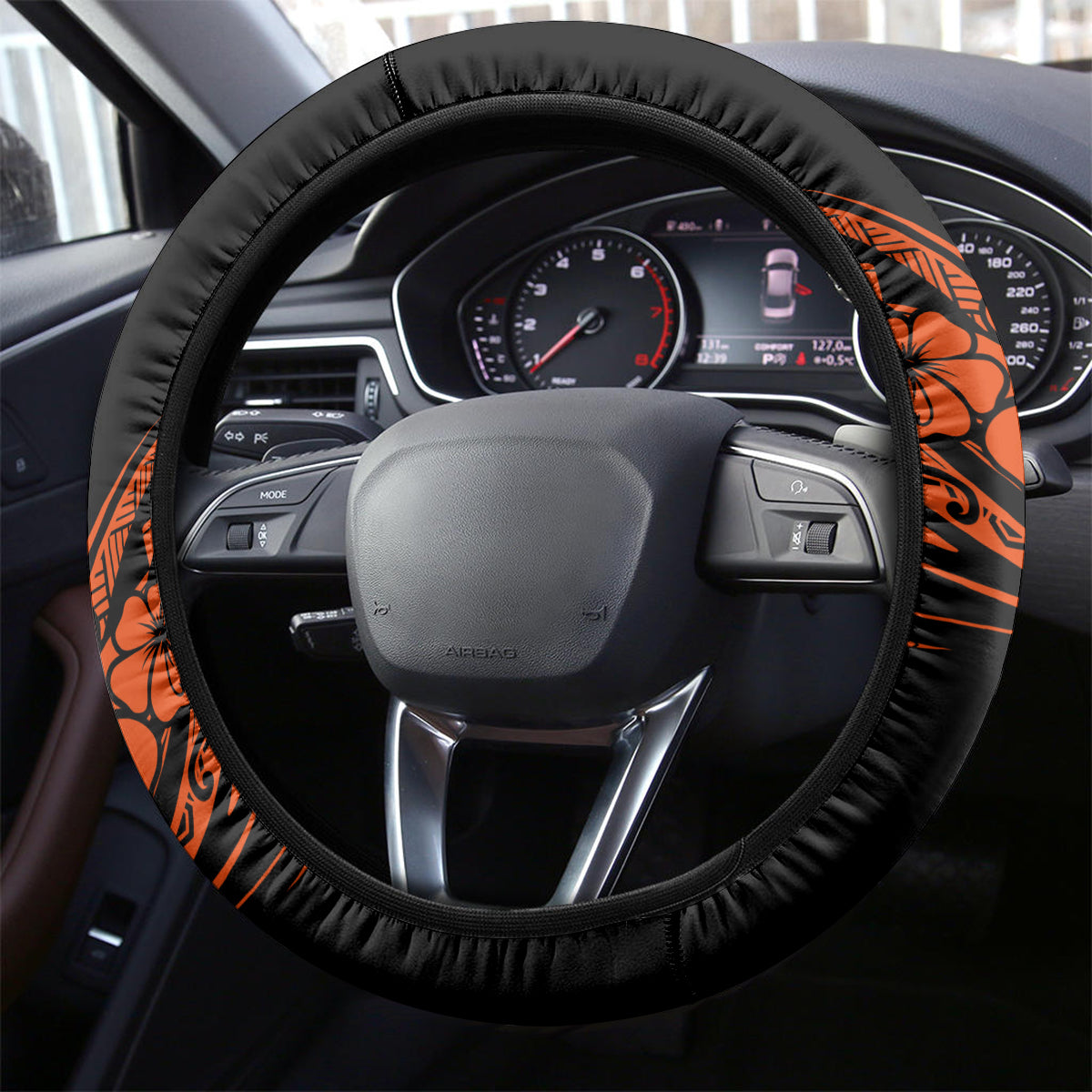 Hawaii Shark Steering Wheel Cover Polynesian Pattern Orange Version