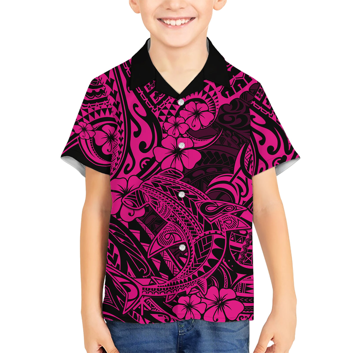 Hawaii Shark Family Matching Short Sleeve Bodycon Dress and Hawaiian Shirt Polynesian Pattern Pink Version LT01 Son's Shirt Pink - Polynesian Pride