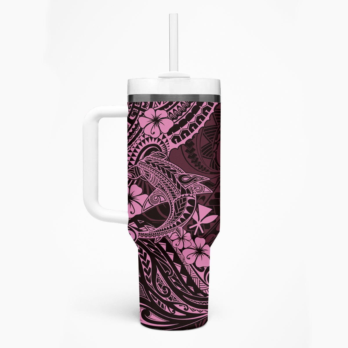 Hawaii Shark Tumbler With Handle Polynesian Pattern Pink Version