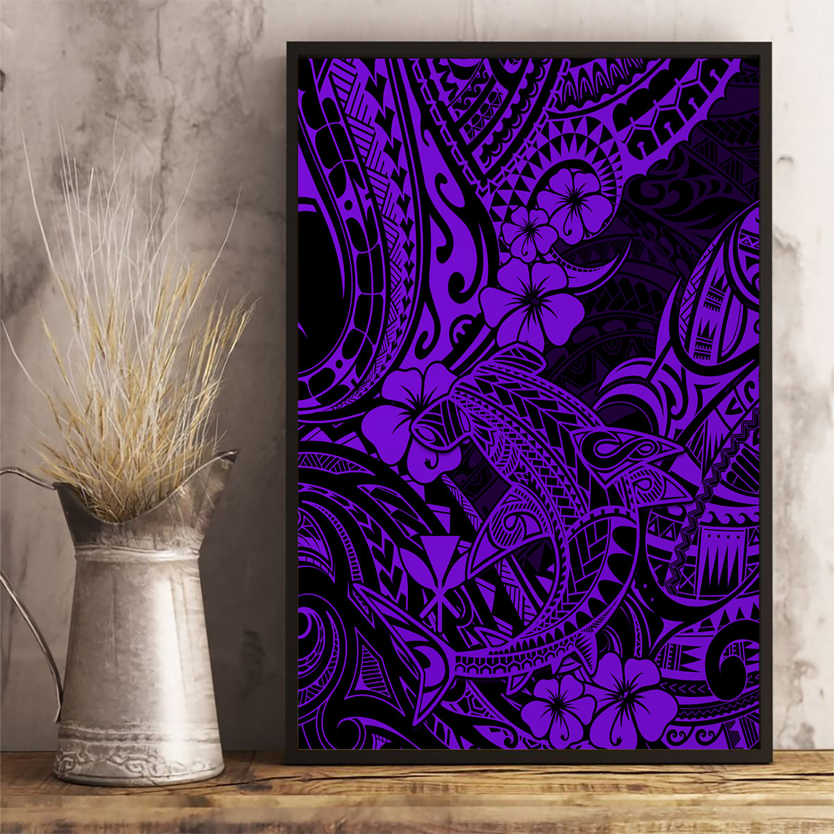 Hawaii Shark Canvas Wall Art Polynesian Pattern Purple Version LT01 - Polynesian Pride