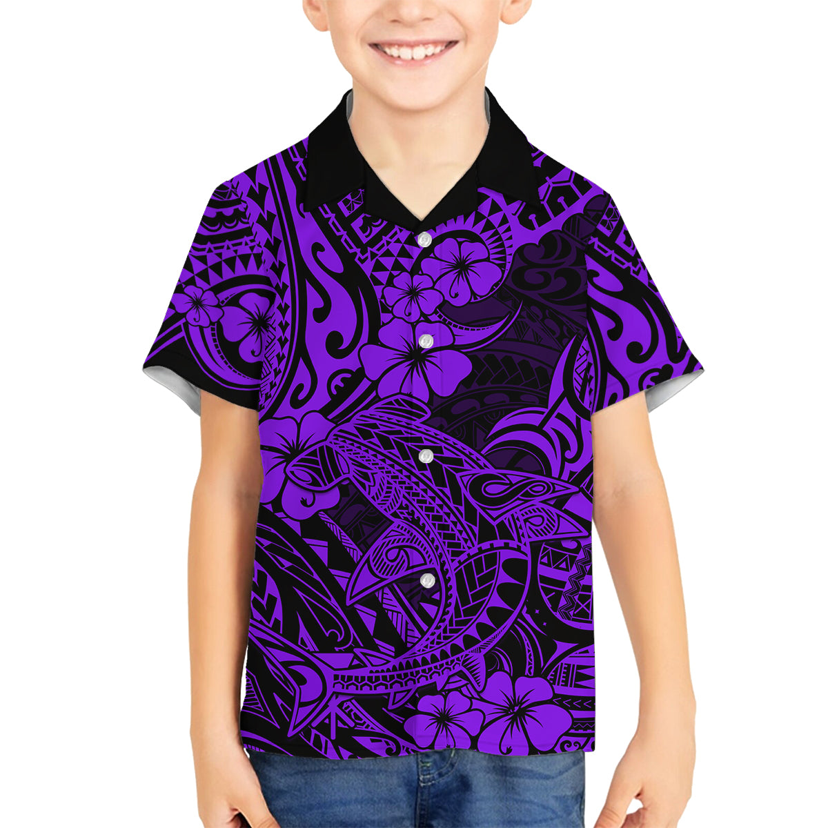 Hawaii Shark Family Matching Long Sleeve Bodycon Dress and Hawaiian Shirt Polynesian Pattern Purple Version LT01 Son's Shirt Purple - Polynesian Pride