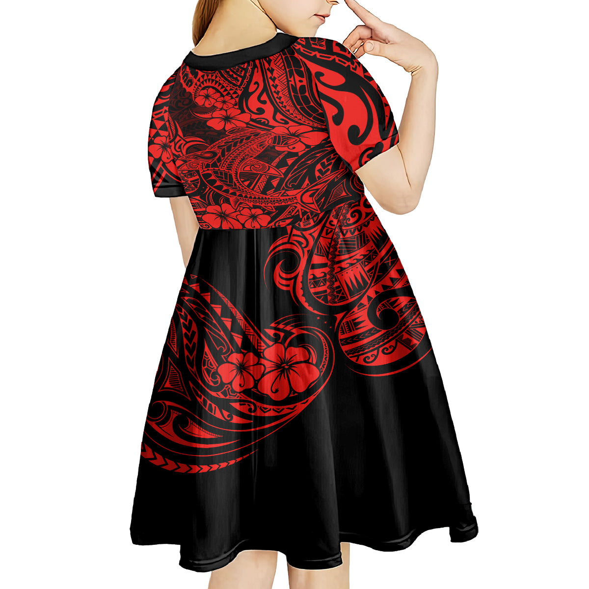 Hawaii Shark Kid Short Sleeve Dress Polynesian Pattern Red Version LT01 - Polynesian Pride