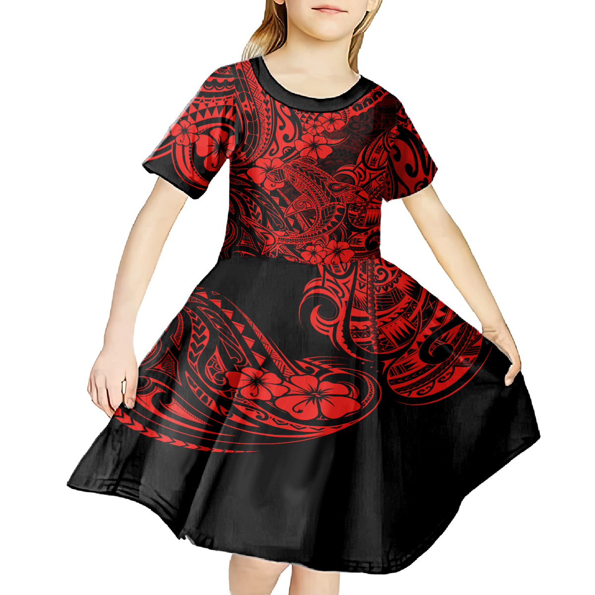 Hawaii Shark Kid Short Sleeve Dress Polynesian Pattern Red Version LT01 - Polynesian Pride